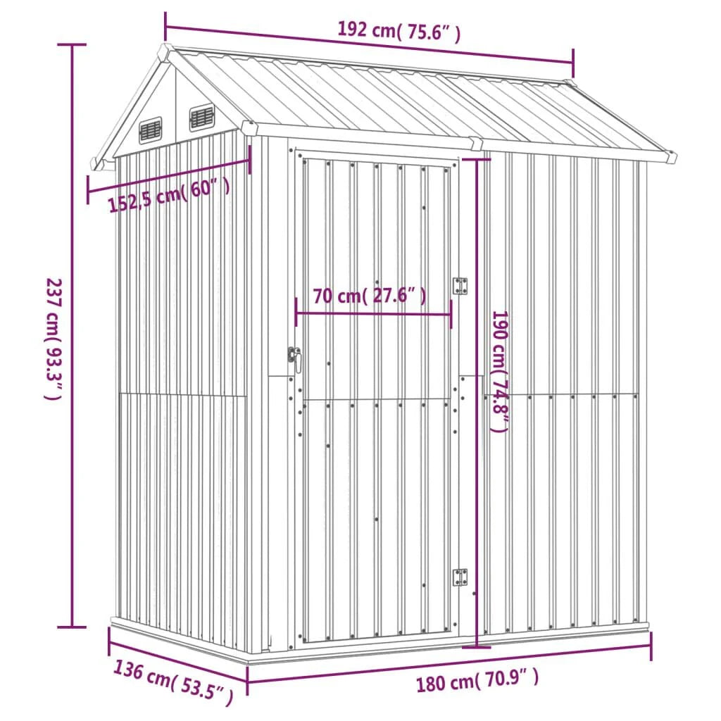Abri de jardin acier 192x152,5x237 cm robuste Gris