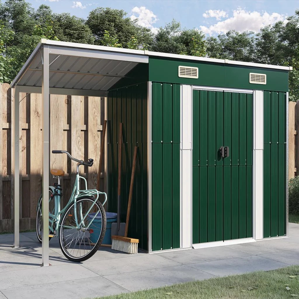 Abri de jardin avec toit prolongé acier anthracite 277x110cm Vert
