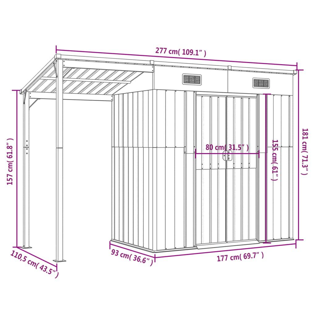 Abri de jardin avec toit prolongé acier anthracite 277x110cm Gris Foncé