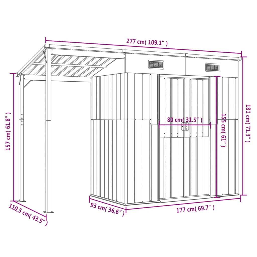 Abri de jardin avec toit prolongé 277x110,5x181 cm Marron Clair