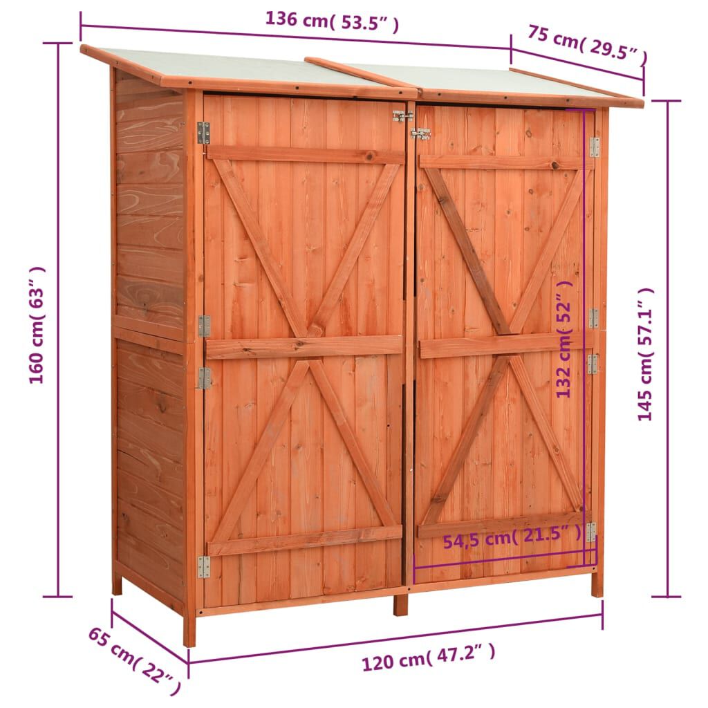 Abri à Outils de Jardin en Bois de Sapin Massif - 136x75x160 cm