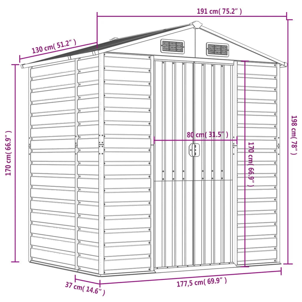 Abri de jardin acier gris clair 191x130x198 cm